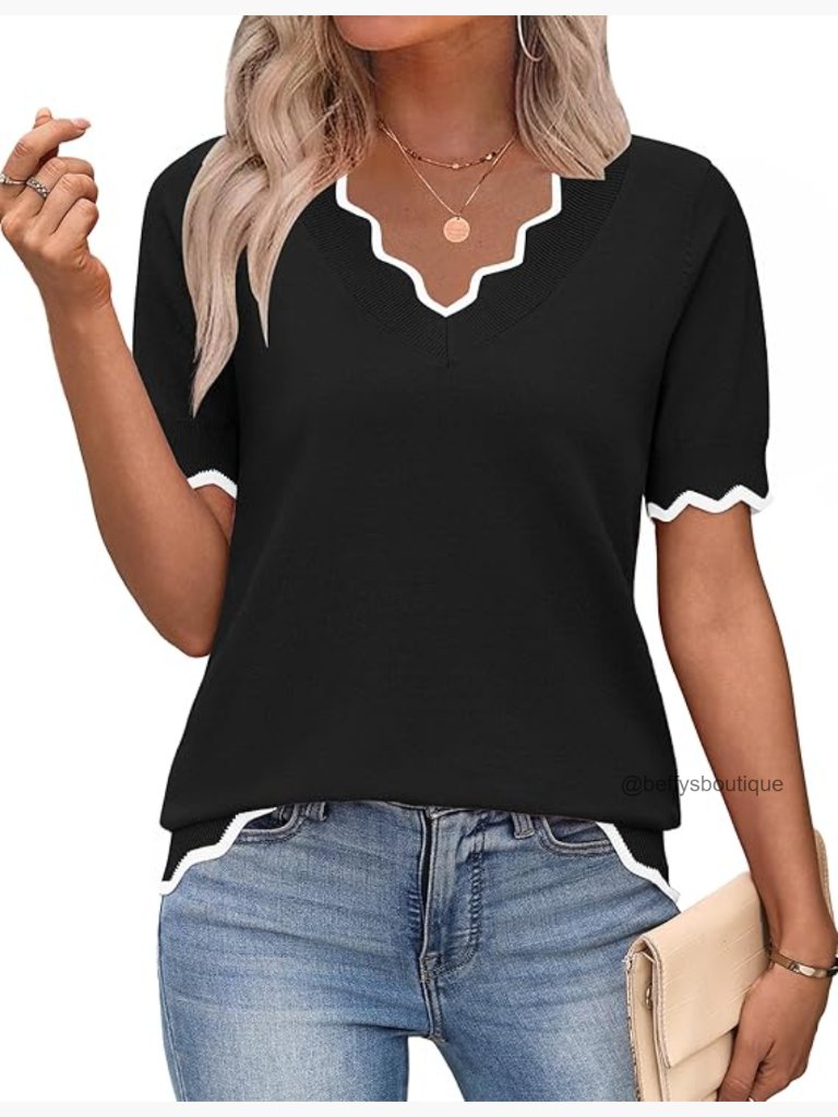Short Sleeve V-Neck Lightweight Pullover Sweater Women Business Casual Tops
